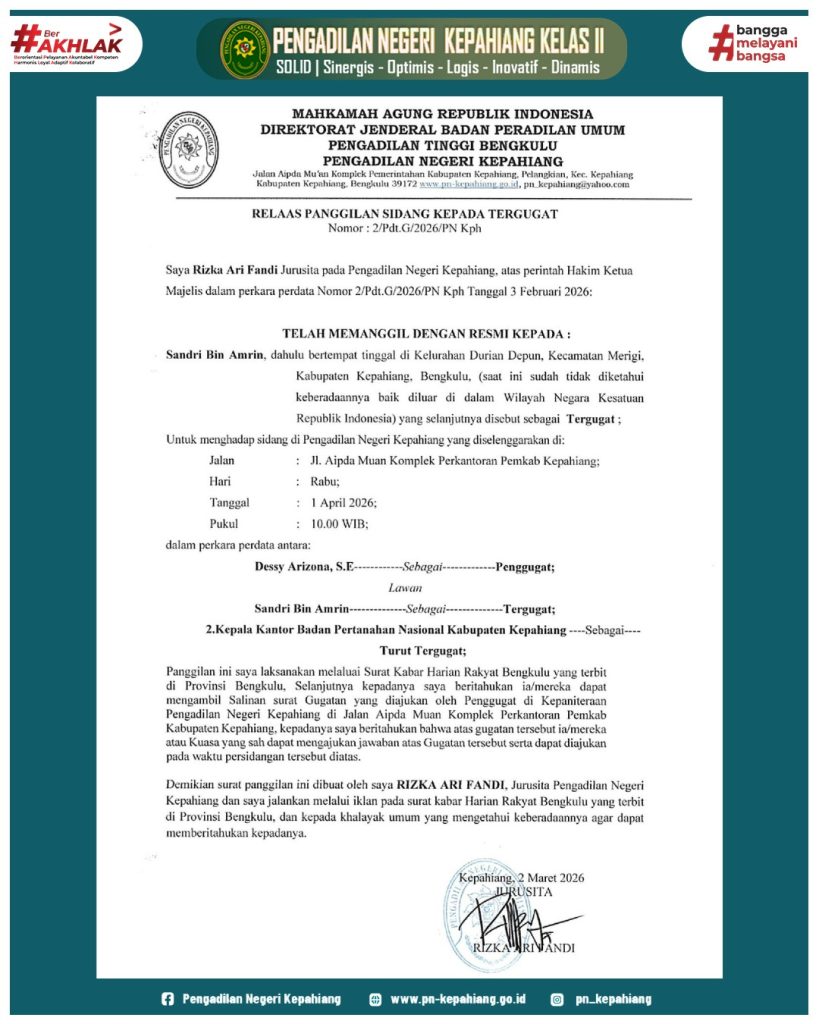 RELAAS PANGGILAN SIDANG KEPADA TERGUGAT